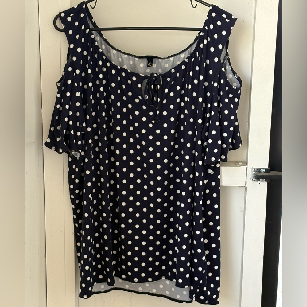 Navy Polka Dot Cold Shoulder Top - Picture 2 of 8